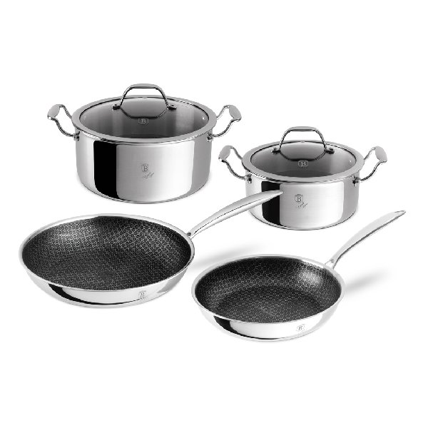 סט סירים ומחבתות היברידי 6 חלקים מנירוסטה עם ציפוי מתקדם כולל שני סירים עם מכסים ושתי מחבתות